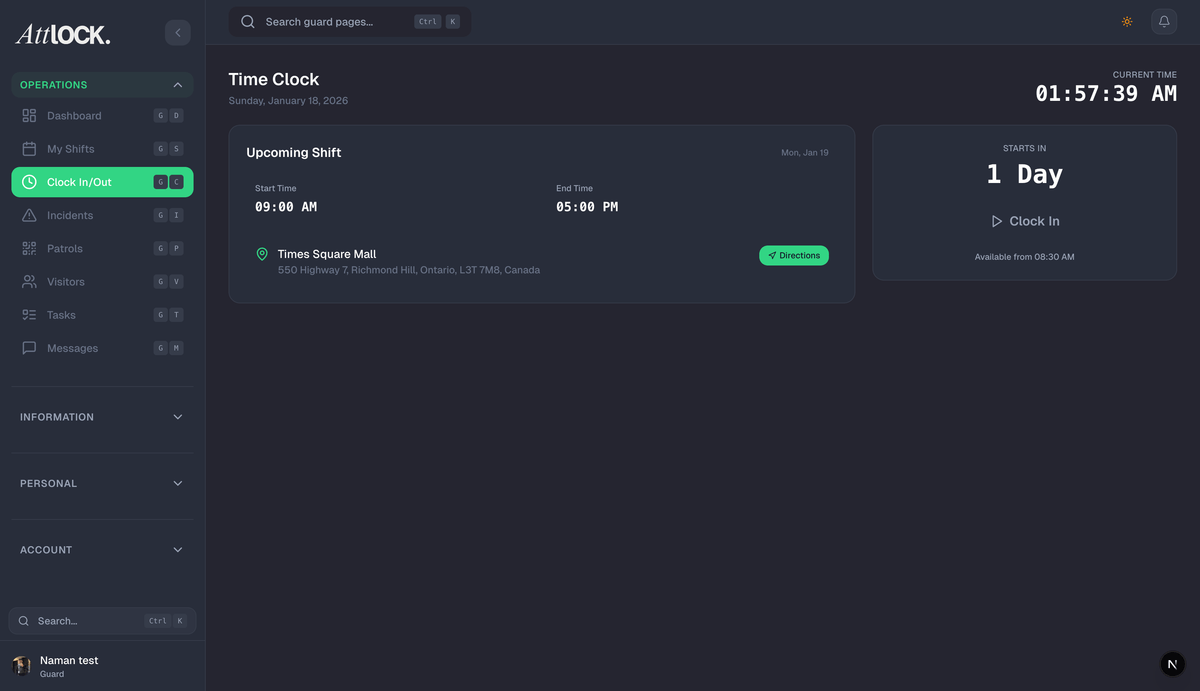 Guard clock-in screen